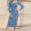 Blue & Black Animal Print Pencil Midi Jersey Dress