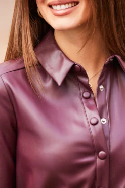 Burgundy Shirred Waist Popper Front Shirt Dress -Sosandar Fashion Store web 58 s23dp009rd0004 214