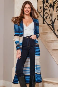 Blue Metallic Stripe Print Longline Cardigan