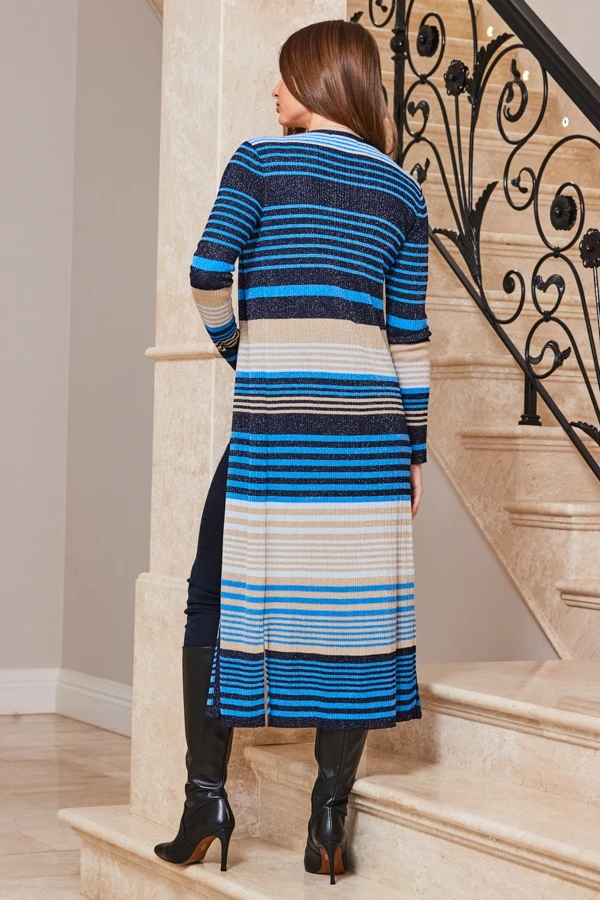 Blue Metallic Stripe Print Longline Cardigan 4 Blue Metallic Stripe Print Longline Cardigan - Image 2