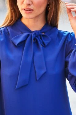 Cobalt Blue Neck Tie Long Sleeve Shift Dress -Sosandar Fashion Store web 59 a22dw055be0001 281