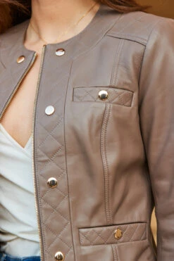 Taupe Quilted Round Neck Leather Jacket With Gold Buttons -Sosandar Fashion Store web 59 s23ol001bn0003 131
