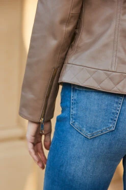 Taupe Quilted Round Neck Leather Jacket With Gold Buttons -Sosandar Fashion Store web 59 s23ol001bn0003 135