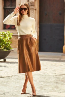 Tan Leather A-Line Skirt With Pockets -Sosandar Fashion Store web 63 a20tk008nl0001 s22tj205bk0001 267 1
