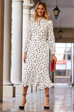 Petite Ivory & Black Spot Print Keyhole Detail Belted Fit & Flare Dress