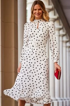 Petite Ivory & Black Spot Print Keyhole Detail Belted Fit & Flare Dress 11 Petite Ivory & Black Spot Print Keyhole Detail Belted Fit & Flare Dress -Sosandar Fashion Store web 63 s23dw144whsp01 124 1