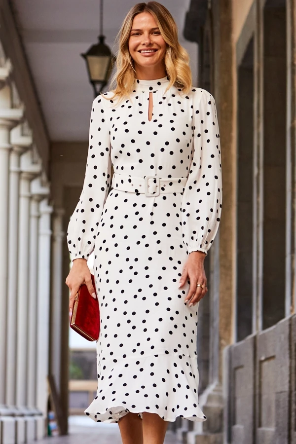 Petite Ivory & Black Spot Print Keyhole Detail Belted Fit & Flare Dress 4 Petite Ivory & Black Spot Print Keyhole Detail Belted Fit & Flare Dress - Image 2