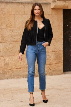 Black Suede Fringed Jacket -Sosandar Fashion Store web 63 s23op002bk0001 030 rt