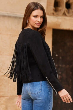Black Suede Fringed Jacket -Sosandar Fashion Store web 63 s23op002bk0001 216