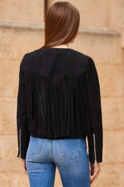 Black Suede Fringed Jacket -Sosandar Fashion Store web 63 s23op002bk0001 242