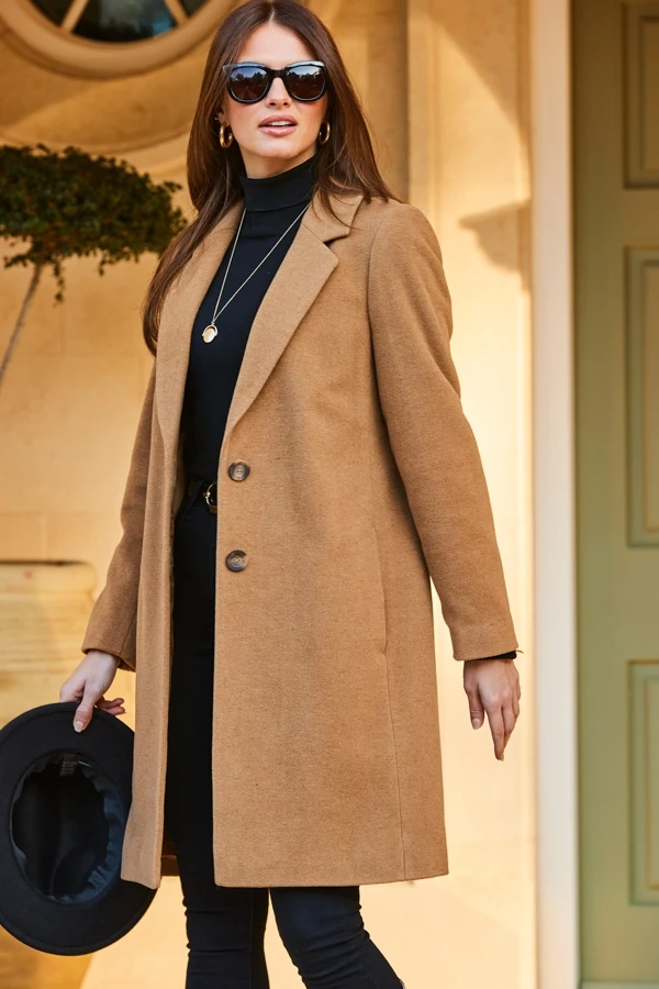 Camel Wool Mix Coat With Button Detail 3 Camel Wool Mix Coat With Button Detail