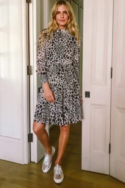 Leopard Print Belted Fit & Flare Ruffle Hem Dress