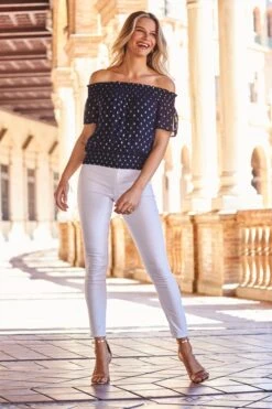 Navy & Gold Metallic Spot Print Bardot Top 11 Navy & Gold Metallic Spot Print Bardot Top -Sosandar Fashion Store web 68 s22tw048blsp 017