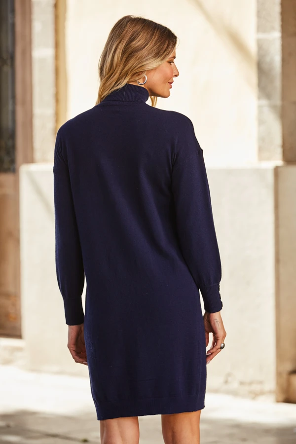 Navy Blue Roll Neck Button Cuff Knitted Dress 5 Navy Blue Roll Neck Button Cuff Knitted Dress - Image 3