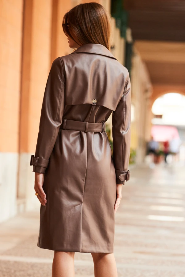 Mocha Brown Faux Leather Belted Trench Coat 13 Mocha Brown Faux Leather Belted Trench Coat - Image 11