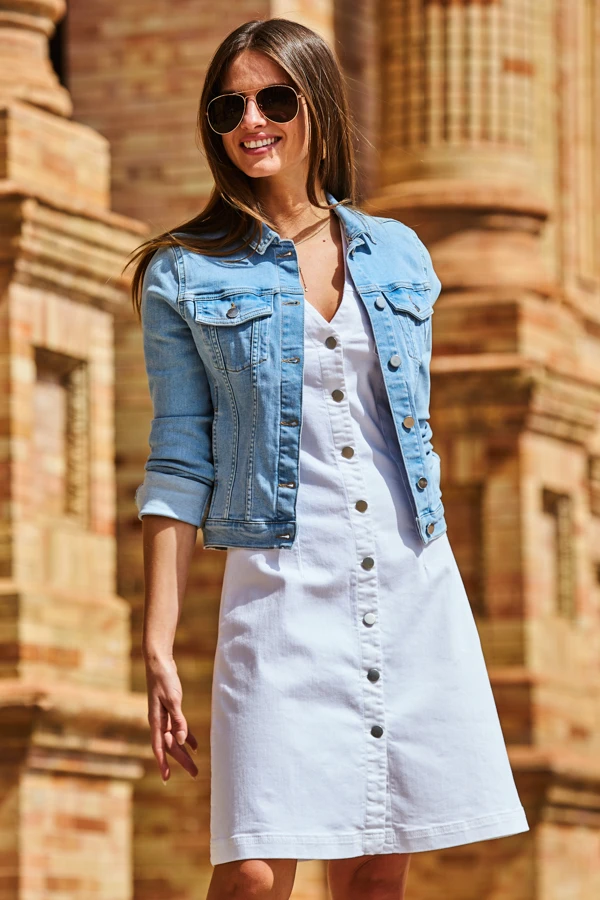 White Silver Button Front Sleeveless Denim Dress 8 White Silver Button Front Sleeveless Denim Dress - Image 6