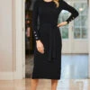 Black Rib Knit Belted Midi Dress