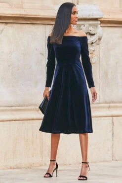 Midnight Blue Velvet Embellished Sleeve Bardot Dress 13 Midnight Blue Velvet Embellished Sleeve Bardot Dress -Sosandar Fashion Store web 77 a21dv019 002