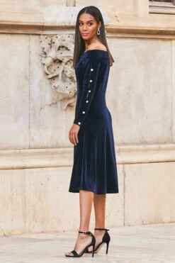 Midnight Blue Velvet Embellished Sleeve Bardot Dress 11 Midnight Blue Velvet Embellished Sleeve Bardot Dress -Sosandar Fashion Store web 77 a21dv019 013