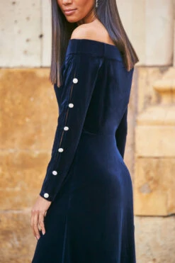 Midnight Blue Velvet Embellished Sleeve Bardot Dress 14 Midnight Blue Velvet Embellished Sleeve Bardot Dress -Sosandar Fashion Store web 77 a21dv019 088