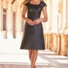 Black Square Neck Cap Sleeve Leather Dress