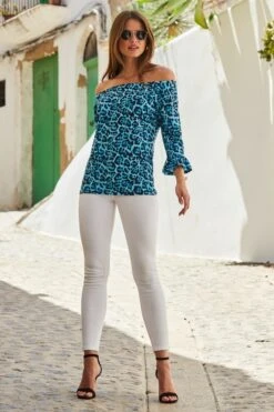 Blue Animal Print Fluted Sleeve Bardot Jersey Top -Sosandar Fashion Store web 81 s22tj186blan01 s22bd020dm001w 003