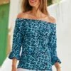 Blue Animal Print Fluted Sleeve Bardot Jersey Top 1 Blue Animal Print Fluted Sleeve Bardot Jersey Top -Sosandar Fashion Store web 81 s22tj186blan01 s22bd020dm001w 064