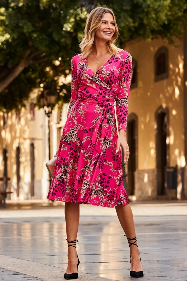 Pink WOW Print Faux Wrap Midi Jersey Dress 4 Pink WOW Print Faux Wrap Midi Jersey Dress - Image 2