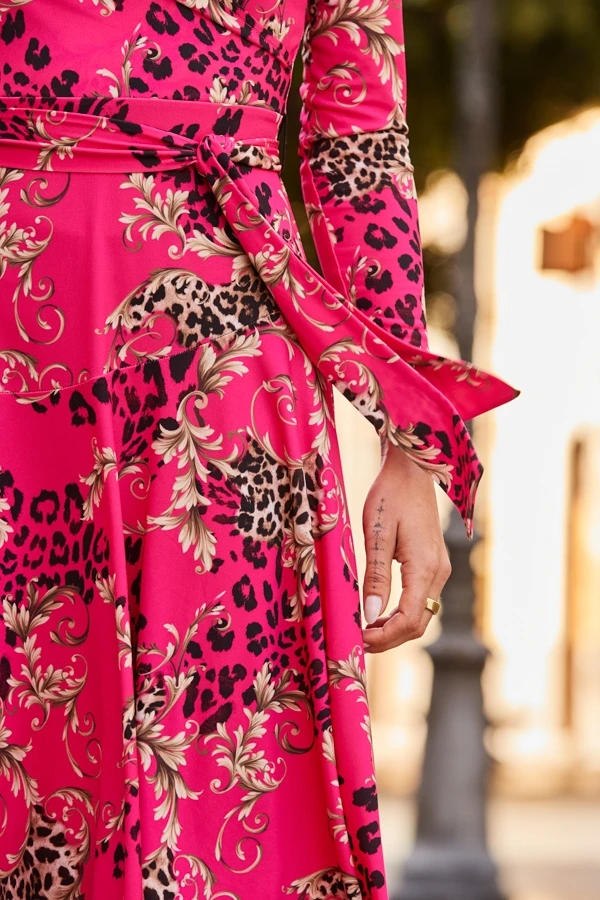 Pink WOW Print Faux Wrap Midi Jersey Dress 7 Pink WOW Print Faux Wrap Midi Jersey Dress - Image 5