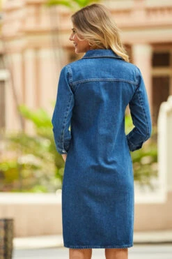 Indigo Blue Popper Front Denim Shift Dress -Sosandar Fashion Store web 83 s22dd013be 110