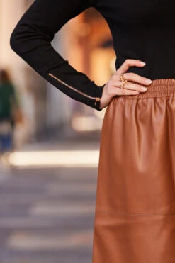 Tan Faux Leather Stretch Waist Skirt 13 Tan Faux Leather Stretch Waist Skirt -Sosandar Fashion Store web 83 s23sp003bn0004 a20tk008bk0001 065