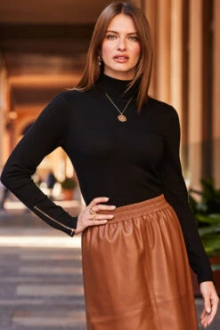 Tan Faux Leather Stretch Waist Skirt 12 Tan Faux Leather Stretch Waist Skirt -Sosandar Fashion Store web 83 s23sp003bn0004 a20tk008bk0001 070