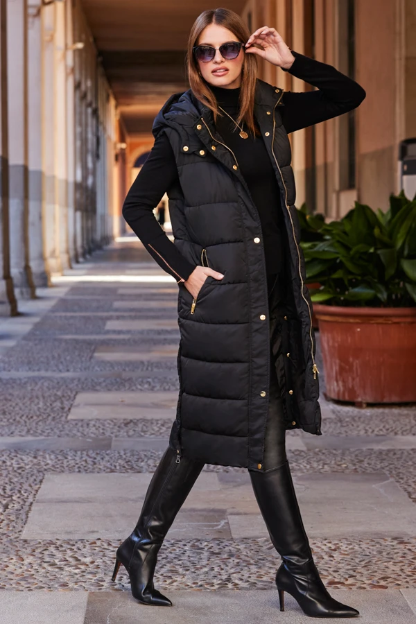 Black Longline Padded Hooded Gilet With Pockets 3 Black Longline Padded Hooded Gilet With Pockets