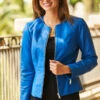 Cobalt Blue Zip Front Round Neck Leather Jacket -Sosandar Fashion Store web 85 s21ol004be0001 a22bd023bk0001 086