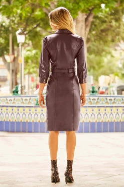 Burgundy Gold Popper Front Belted Leather Dress -Sosandar Fashion Store web 85 s22dl055bk 154 burgundy rt