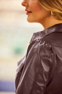 Burgundy Gold Popper Front Belted Leather Dress -Sosandar Fashion Store web 85 s22dl055bk 171 burgundy rt