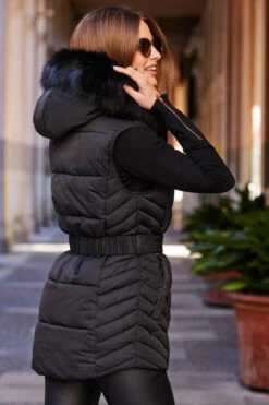 Black Faux Fur Trim Belted Padded Gilet With Hood 15 Black Faux Fur Trim Belted Padded Gilet With Hood -Sosandar Fashion Store web 85 s23ow007bk0001 181