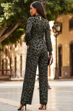 Khaki Green Animal Print Keyhole Detail Wide Leg Jumpsuit 9 Khaki Green Animal Print Keyhole Detail Wide Leg Jumpsuit -Sosandar Fashion Store web 91 s23jj004khan01 145