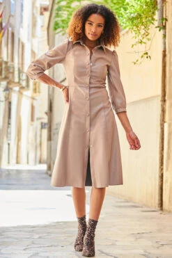 Taupe Faux Leather Popper Front Shirt Dress 10 Taupe Faux Leather Popper Front Shirt Dress -Sosandar Fashion Store web 96 a20dp004bn0024 040