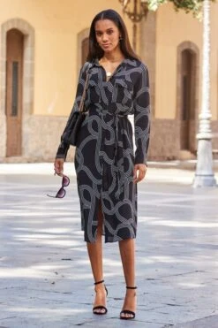 Black Geometric Print Belted Shirt Dress -Sosandar Fashion Store web 98 s21dw010gycv01 00719 1