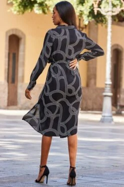 Black Geometric Print Belted Shirt Dress -Sosandar Fashion Store web 98 s21dw010gycv01 207