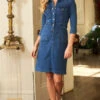 Indigo Popper Front 3/4 Sleeve Stretch Denim Dress -Sosandar Fashion Store web a18ds101io 67242