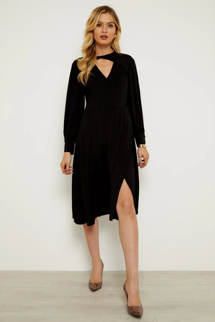 Black Twist Neck Wrap Front Jersey Dress 4 Black Twist Neck Wrap Front Jersey Dress - Image 2