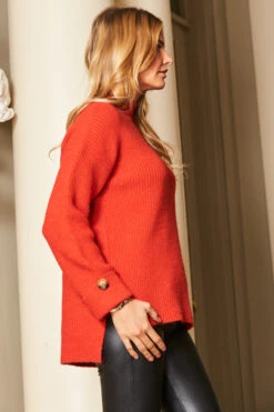 Red High Neck Folded Button Cuff Jumper -Sosandar Fashion Store web a19tk115 69387