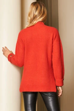 Red High Neck Folded Button Cuff Jumper -Sosandar Fashion Store web a19tk115 69389