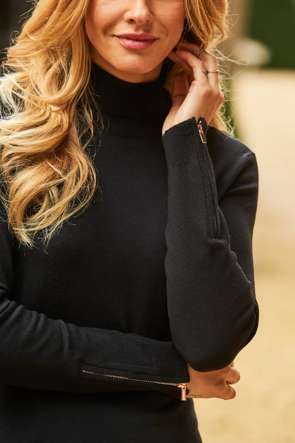 Black Roll Neck Rose Gold Zip Detail Jumper 8 Black Roll Neck Rose Gold Zip Detail Jumper - Image 6