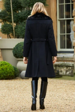 Black Wool Mix Longline Coat With Faux Fur Collar -Sosandar Fashion Store web a20ow02 69710