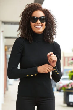 Black Gathered Sleeve Button Detail Jumper -Sosandar Fashion Store web a20tk008 5764717