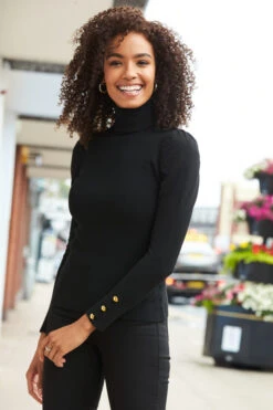 Black Gathered Sleeve Button Detail Jumper -Sosandar Fashion Store web a20tk008 5772222