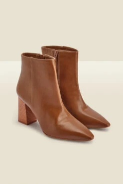 Harper Tan Leather Stack Heel Pointed Toe Ankle Boot